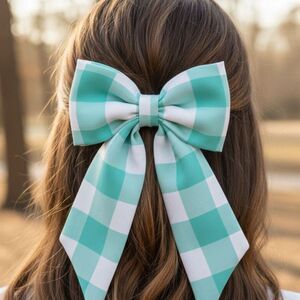 NEW Mint Green Gingham Print Fabric Bow French Hair Barrette